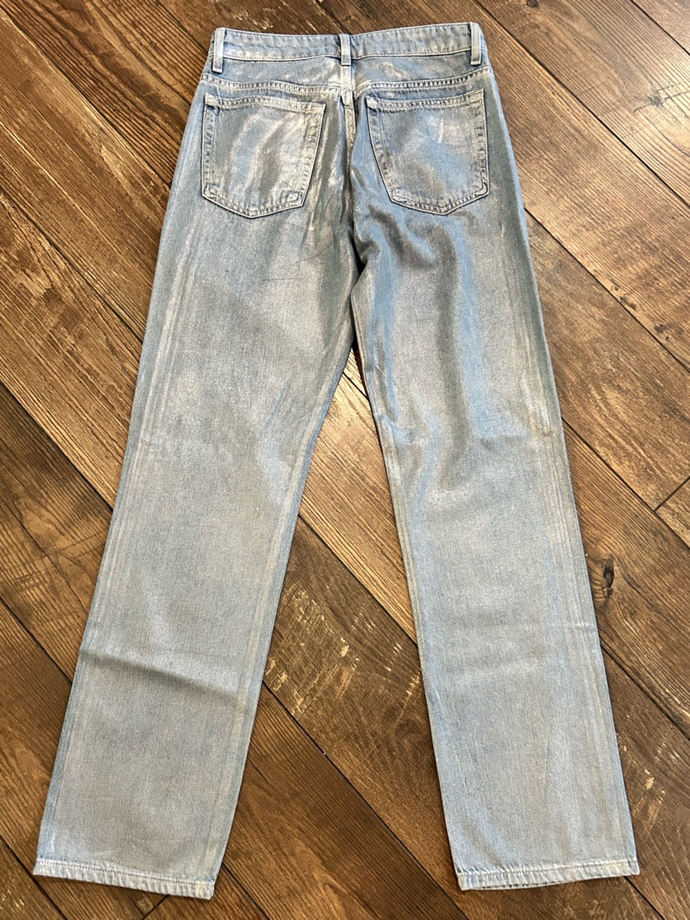 Zara Sliver Metallic Coated Straight-Leg Jeans